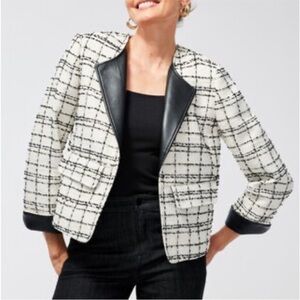 Chico's Tweed Faux Leather Feminine Old Money Plaid Jacket New Preppy